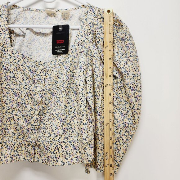 Levi's Floral Cropped Top Women's Size S Beige Square Neck Puff Sleeves - Picture 10 of 11